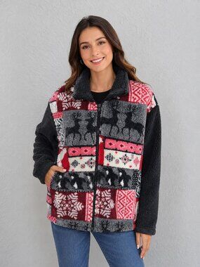 Out Brook Christmas Fleece Jacket Full Zipper Novelty Size L Novelty Cabincore